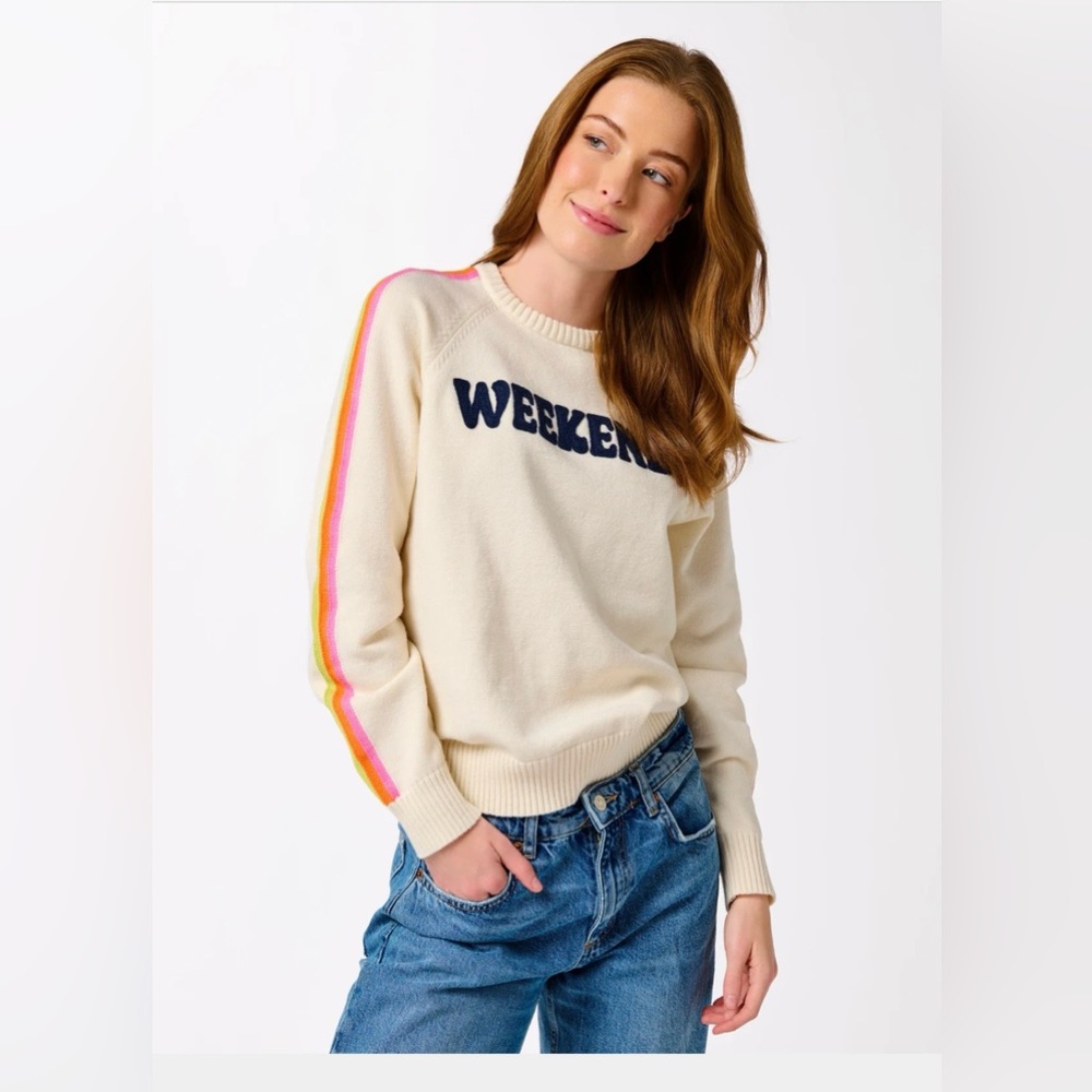 Shiraleah Cream "WEEKEND" Pullover Sweater Retro Rainbow Sleeves Size L NWT! - Picture 2 of 16